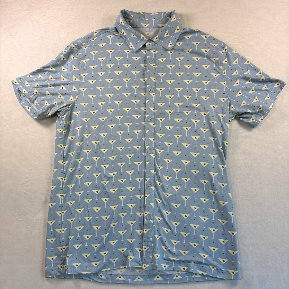 Hallstatt Martini Print Shirt Mens Medium Blue Short Sleeve Stretch Button Up